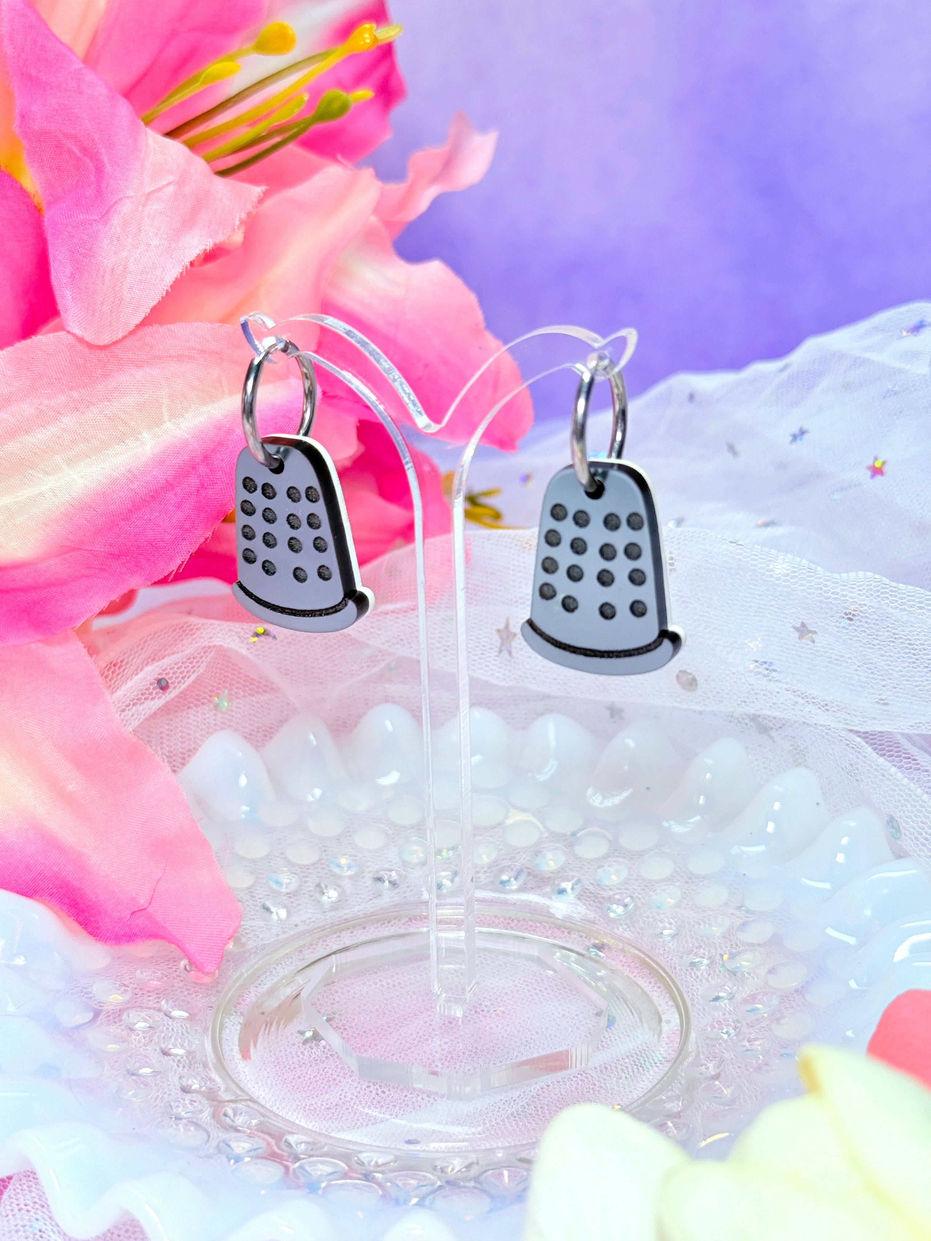 Sewing Notions Acrylic Earrings - Thimble pair hoops