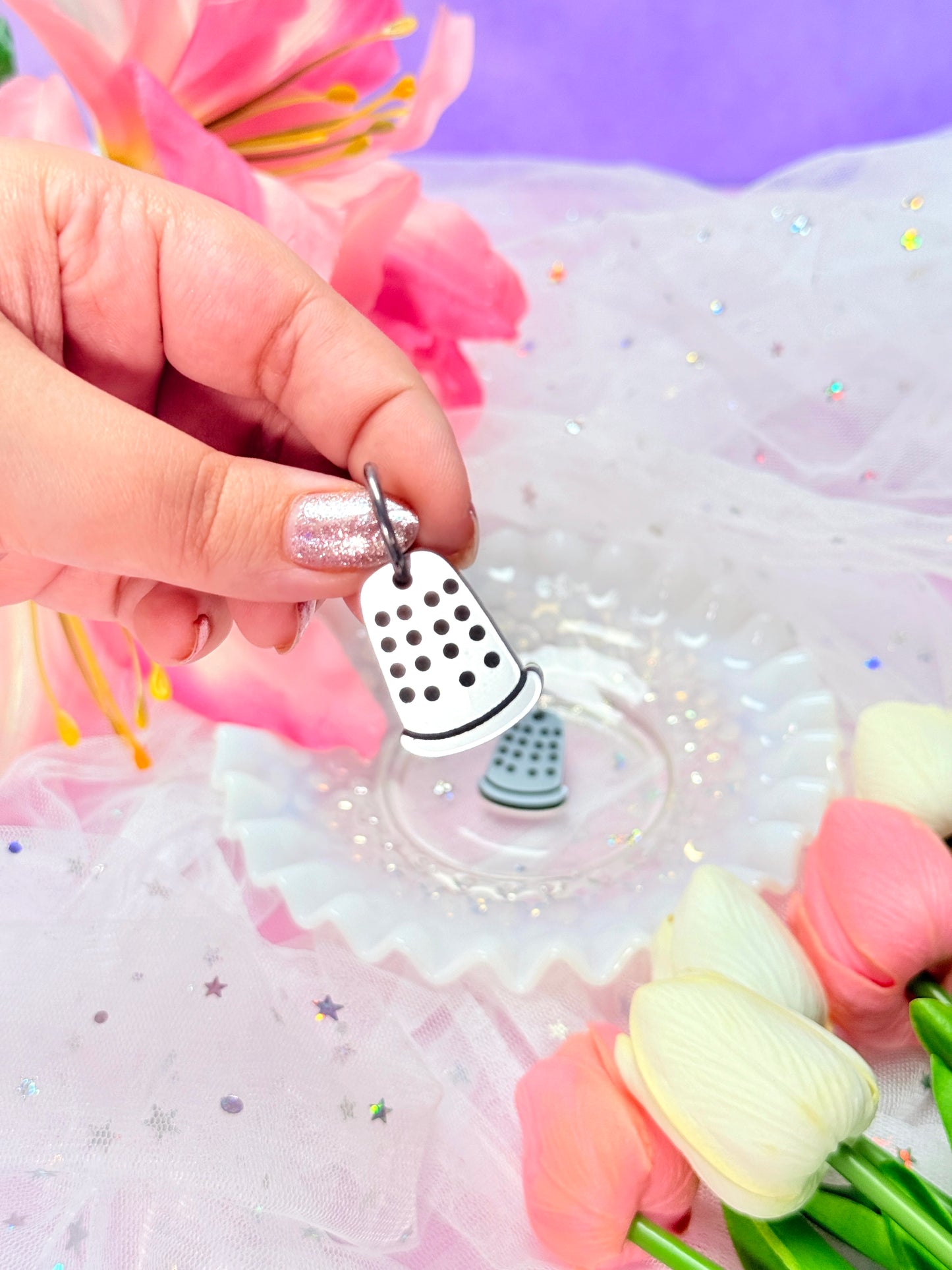 Sewing Notions Acrylic Earrings - Thimble pair hoops